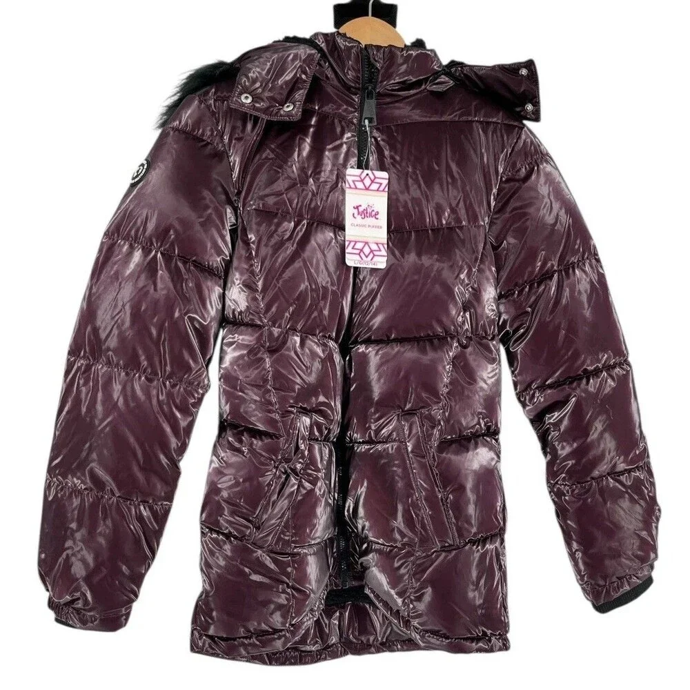 Justice Puffer Coat Girl's Size Small 7 8 Shiny Purple Burgundy Winter NEW NWT